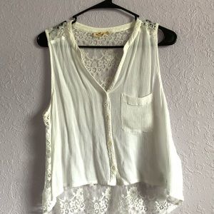 Hollister White V Neck Lace Button up Blouse